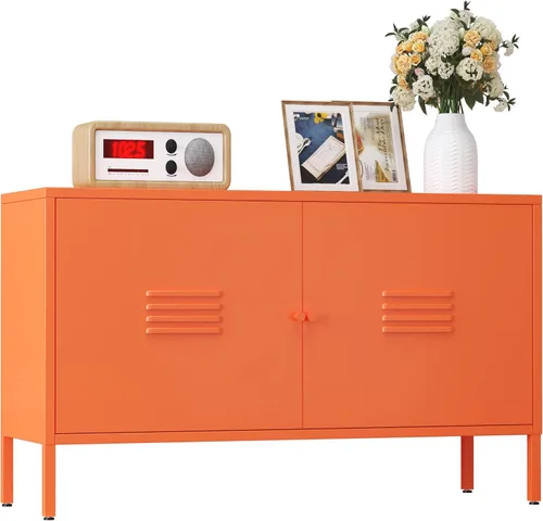 Vista 9 de Gabinete de almacenamiento de metal, soporte de TV de 2 puertas, armario decorativo con puertas y estante ajustable, armario de metal, mesita