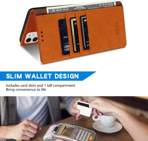 Vista 4 de ZZXX Funda tipo cartera para iPhone 11 con bloqueo RFID, ranura para tarjetas, función atril, cierre magnético, funda protectora de cuero para Marrón