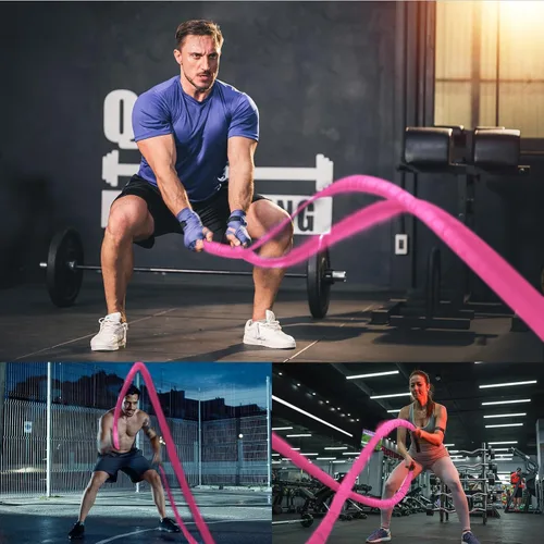 Vista 5 de Cuerda de batalla rosa de 1 pulgada, 30 pies, cuerda de batalla para gimnasio en casa, ejercicio para entrenamiento de ejercicio, entrenamiento