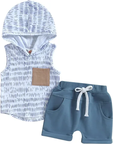 Vista 22 de Conjunto de ropa de verano para bebé niño y niño, diseño a cuadros, manga corta, sudadera con capucha y pantalones cortos casuales