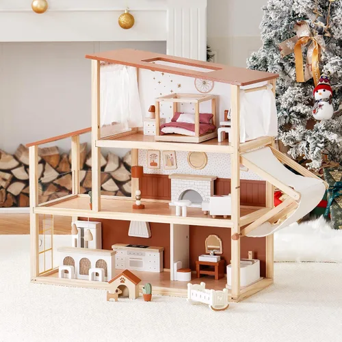 Vista 4 de ROBOTIME Casa de muñecas de madera, casa de muñecas para niñas, casa de muñecas de estilo bohemio de 3 pisos con muebles y toldo de 37 piezas, casa