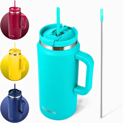 Vista 16 de FAHRMOSIS Vaso de 40 onzas con asa y pajita, taza aislada que cabe en el portavasos para bebidas frías y calientes, vaso a prueba de fugas