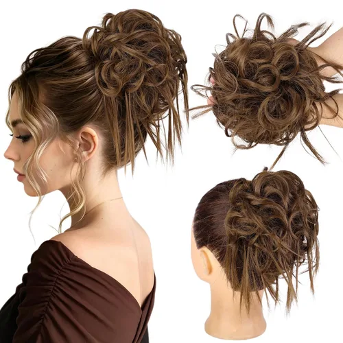 Vista 42 de HMD - Extensiones de cabello tipo chongo alborotado con rodelo despeinado, banda elástica de goma, extensiones de cabello sintético para mujer