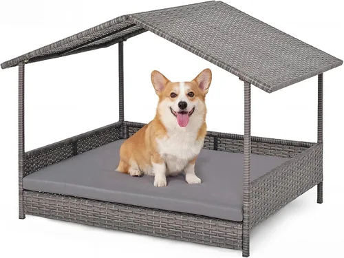 Vista 10 de Tangkula Casa de mimbre para perros, cama elevada de ratán para interiores y exteriores con cojín extraíble, funda lavable, techo impermeable