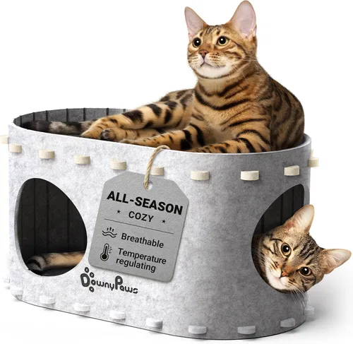 Vista 14 de DownyPaws Casa para gatos de interior, cueva plegable de 2 pisos, cama tipo túnel de fieltro para gatos, cubo, escondite para multicats, resistente