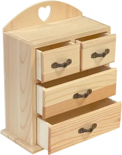 Vista 4 de Paquete de 2 cajas de madera sin terminar con mini cajones para joyas, pequeña caja organizadora de madera para manualidades, pasatiempos, proyectos