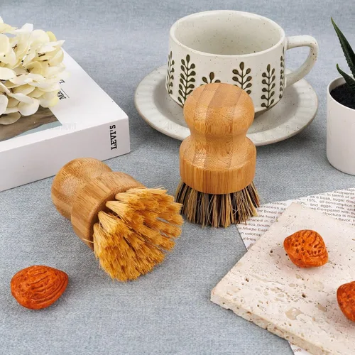 Vista 7 de AUEAR, Cepillo de bambú natural para fregar platos, cepillos de limpieza para ollas, cerdas de coco para sartenes de hierro fundido
