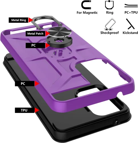 Vista 5 de Gamemi - Funda para Galaxy A52S, Galaxy A52 4G/5G con protector de pantalla de vidrio templado 3X, soporte de anillo integrado y soporte magnético