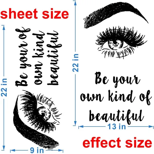 Vista 2 de Calcomanía de pared de pestañas y maquillaje, con texto en inglés «Be Your Own Kind of Beautiful Quote», adhesivo de vinilo extraíble para salón
