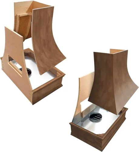 Vista 4 de Cubierta curvada para campana extractora de nogal americano con molduras decorativas, cubiertas de madera para campana extractora de pared, madera
