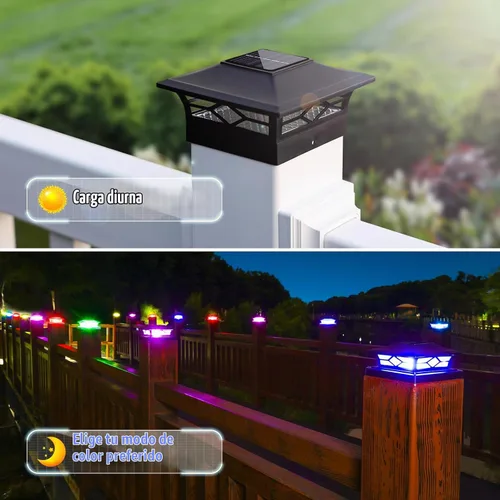 Vista 3 de VOLISUN Luz solar para poste impermeable al aire libre: cambio de color RGB - Luces solares intermitentes de tapa de valla 4 unidades negras