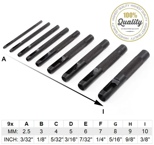 Vista 5 de Spurtar Juego de Punzones Huecos de 9 Piezas 2.5-10.0mm de Acero al Carbono de Alta Resistencia, Herramienta Redonda para Agujeros de Cuero, Kit