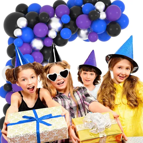 Vista 5 de Kit de arco de guirnalda de globos azules, morados y negros, 122 globos morados, azul rey y negro, globos metálicos plateados para videojuegos