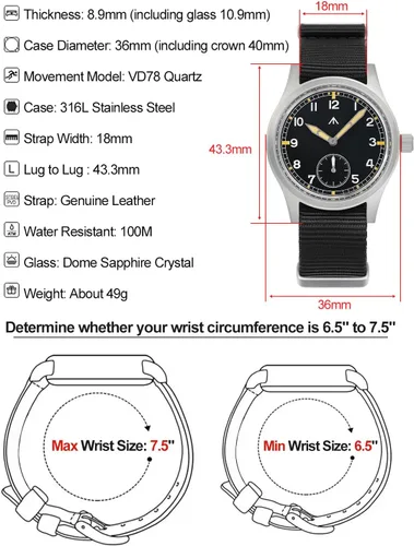 Vista 9 de Militado D12 Relojes militares para hombre, VD78, movimiento de cuarzo, C3, reloj de pulsera de estilo militar de aviación con cristal de zafiro