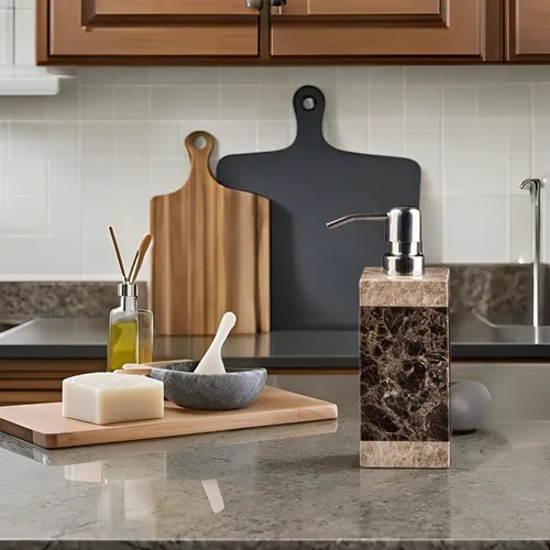 Vista 5 de Botella dispensadora de jabón de mano y loción, mármol natural, para cocina, baño, encimera, lavandería, capacidad para platos, jabón, champú, gel