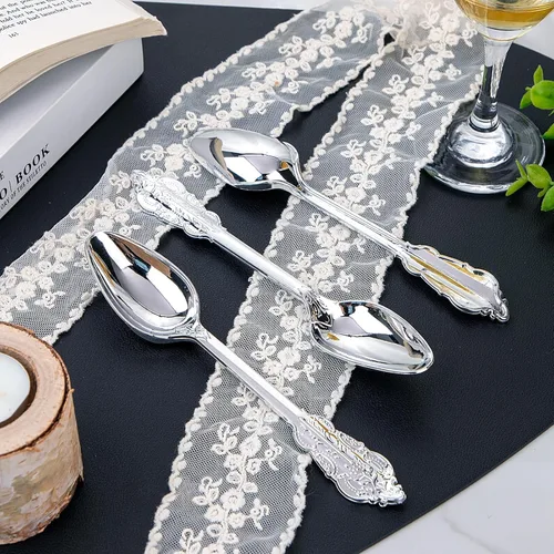 Vista 4 de WDF 100 cucharas de plástico plateadas desechables, cubiertos de plata barrocos de 6.93 pulgadas para pastel de postre, cucharas de plástico