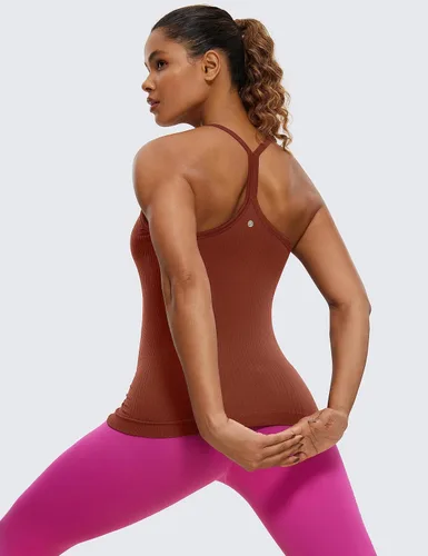 Vista 4 de CRZ YOGA - Camisetas deportivas para mujer, sin mangas, sin costuras, con espalda cruzada y brasier incorporado, camisetas para entrenamiento