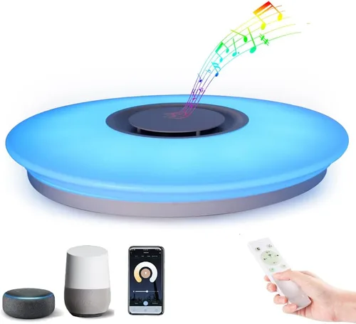 Vista 10 de Lámpara de techo con música WiFi mejorada con altavoz Bluetooth y control remoto, lámpara de techo regulable de 15 pulgadas compatible con Alexa