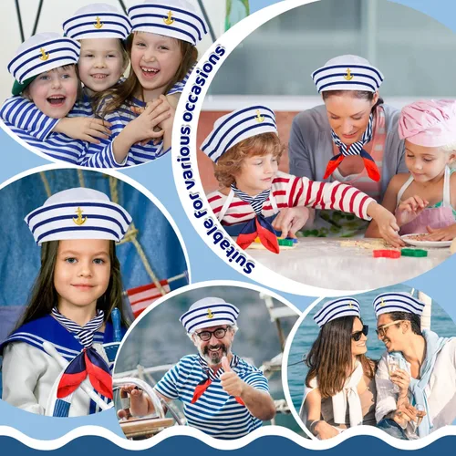 Vista 7 de KFPPLXQ Juego de 2 sombreros de marinero y 2 bufandas para mujeres y hombres, accesorio para disfraz, disfraz de marinero de verano, suministros