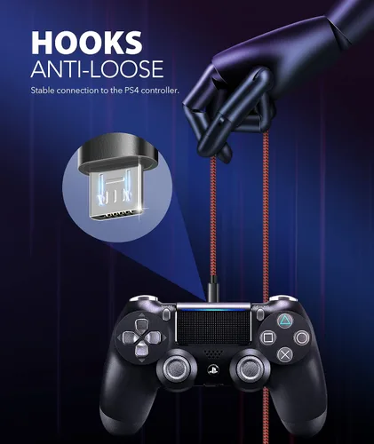 Vista 4 de 6amLifestyle Cable de carga PS4, cable USB a micro USB de 10 pies, cable trenzado de nailon, para PS4 SlimPro, controlador Xbox One SX, paquete de 2