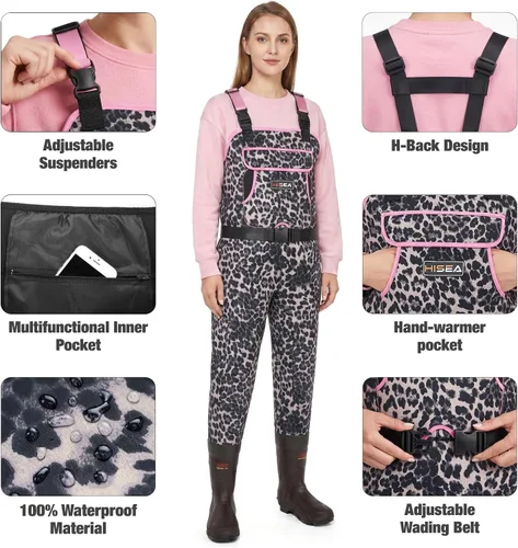 Vista 3 de HISEA - Zancudas de neopreno de 4.5 mm para mujer con estampado de leopardo, impermeables, para pesca y caza, con botas aisladas Leopardo árabe