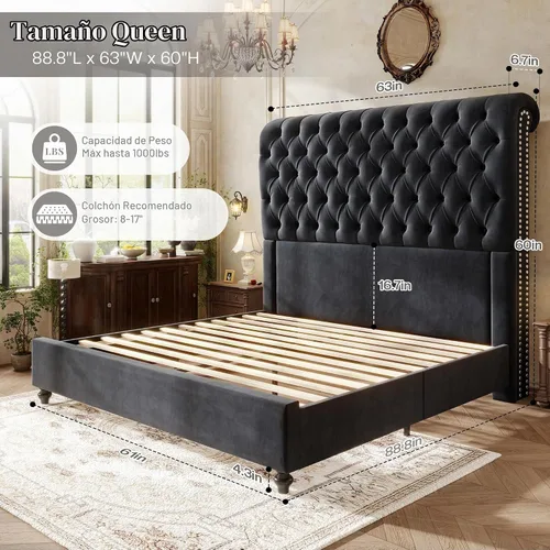 Vista 2 de Jocisland Base de cama Queen con cabecera tapizada de terciopelo de 59 Negro