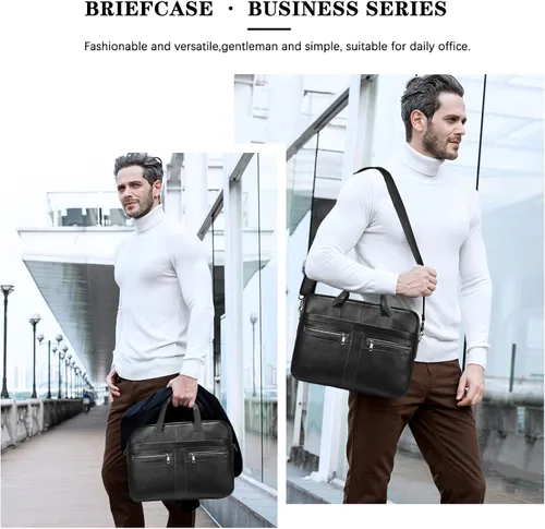 Vista 2 de Maletín de cuero genuino para hombres, bolso de hombro para computadora portátil con correa, bolso de trabajo de viaje de negocios de 15.6 pulgadas