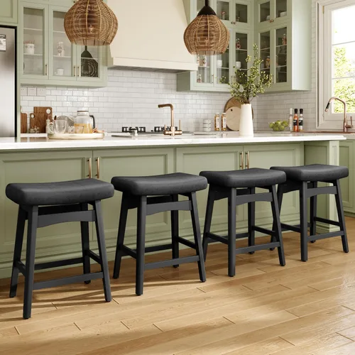 Vista 20 de MAISON ARTS Juego de 4 taburetes de bar grises para encimera de cocina, patas de madera maciza con asiento de silla de montar de piel sintética