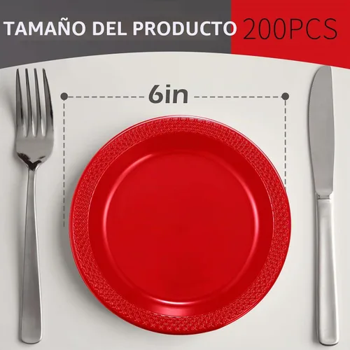 Vista 2 de Mimorou 200 platos de plástico rojo pequeños desechables a granel de 6 pulgadas para todas las ocasiones, eventos especiales, bodas, cumpleaños