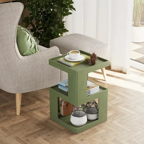 Vista 5 de COZAYH Mesa auxiliar de madera geométrica de granja, mesa auxiliar envejecida con dos espacios de almacenamiento, diseño de cubo de 3 capas
