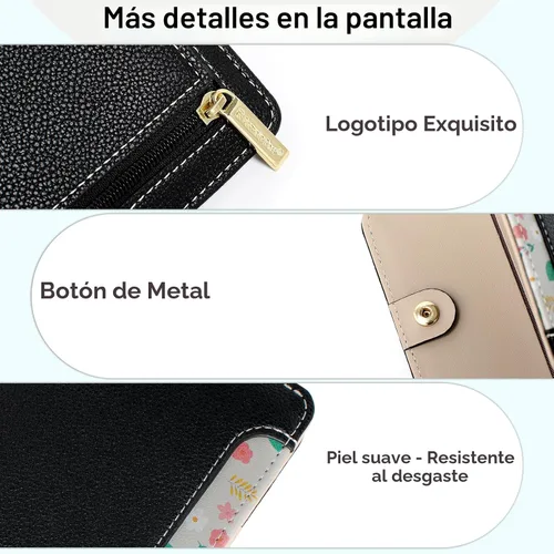 Vista 6 de Billetera pequeña para mujer, con bloqueo RFID, de piel, plegable, para tarjetas de crédito, con ventana de identificación, con cremallera, bolsillo