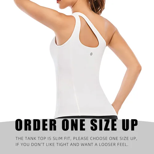 Vista 2 de RUNNING GIRL Camisetas de un hombro para mujer, camiseta sin mangas de entrenamiento con brasier deportivo integrado, camisas atléticas