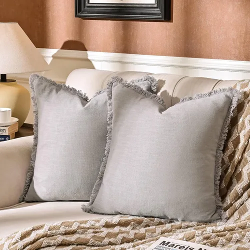 Vista 9 de Paquete de 2 fundas de almohada de lino con borlas con flecos decorativas rústicas naturales para cojín de sofá, sofá, dormitorio 16 x 16 pulgadas