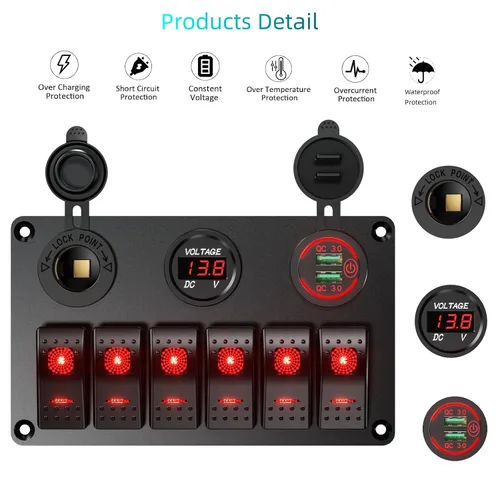 Vista 4 de Interruptor de roker de barco marino impermeable, panel de aluminio de 6 cuadrillas con cargador de coche USB dual DC12-24V 36W y voltímetro digital