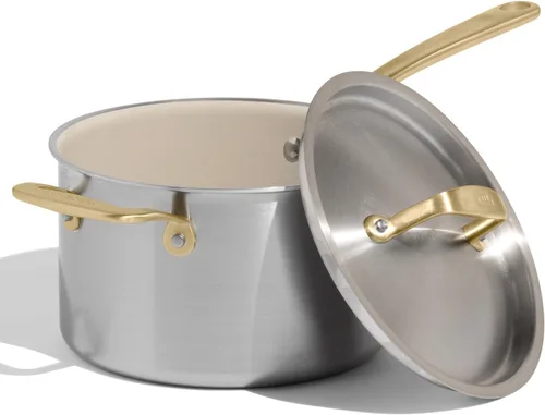 Vista 9 de Made In Cookware - 2 QT CeramiClad Non Stick Saucepan with Lid (Antique Brass Handle) - 5-Ply Stainless Clad with Stay-Cool Handle - Professional