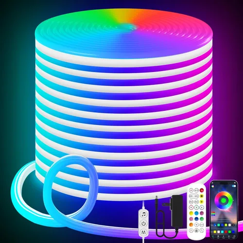 Vista 8 de KANTUTOE Tira de luces LED de neón, tira de luz LED RGB de 13.1 pies, aplicación de sincronización de música de 24 V/control remoto, tira de luces