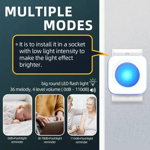 Vista 9 de Timbre inalámbrico de 1200 pies impermeable para el hogar con 36 melodías, 4 niveles de volumen, luz LED flash (1 receptor y 1 botón táctil blanco)