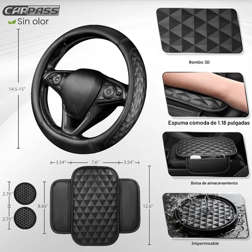 Vista 4 de CAR PASS Juego de fundas de cuero de espuma viscoelástica 3D para volante de automóvil, cómodo cojín de cuero de rombo para consola central con Negro
