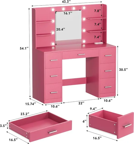 Vista 6 de VICTONE Escritorio de tocador con espejo iluminado LED y toma de corriente, 3 modelos de luces, mesa de tocador de maquillaje con 7 cajones y 6