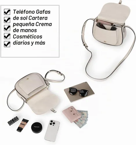 Vista 6 de Bolsa cruzada de cuero vegano para mujer, pequeña, para colgarla en el hombro, monedero, estilo bohemio Beige