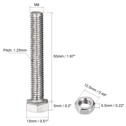 Vista 2 de uxcell Tornillos de cabeza hexagonal M8 x 1.969 in, tuercas, kits de arandelas planas y de bloqueo, tornillos hexagonales de acero inoxidable 304, 4