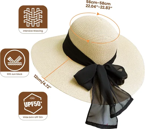 Vista 2 de Roniky Beach Sun Hat for Women Bow-Knot UV UPF 50+Travel Foldable Wide Brim Straw Hat