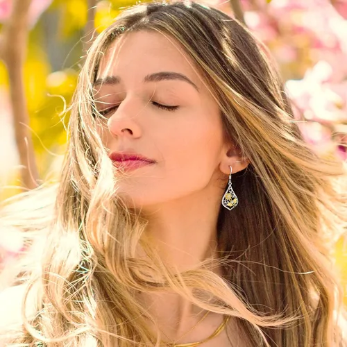 Vista 175 de Aretes colgantes de plata de ley con diseño de árbol de la vida, flor, abeja, animales, gato, colibrí, piedra lunar, turquesa, aretes con cierre