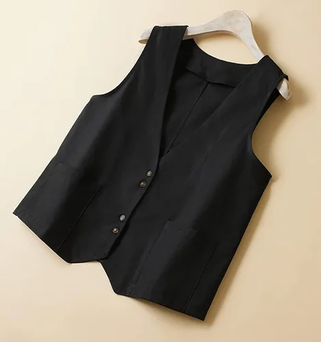 Vista 3 de Chaleco de lino de algodón para mujer, casual, con botones, cuello en V, chaleco sin mangas con bolsillos
