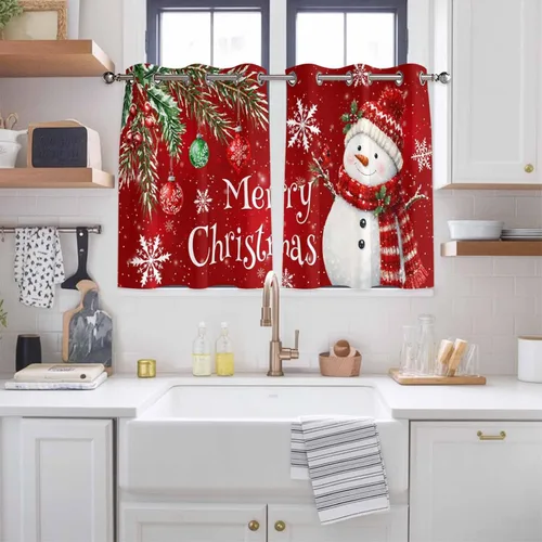 Vista 81 de Libaoge Cortinas de Navidad para cocina, dormitorio, juego de 2 paneles, diseño de muñeco de nieve de Navidad, cortinas de invierno con copos