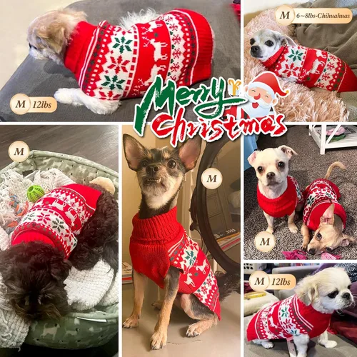 Vista 6 de KYEESE Suéter de Navidad para Perro, Suéter Cálido de Cuello de Tortuga para Perros Pequeños Macho y Hembra con Patrón de Copo de Nieve y Reno, Ropa