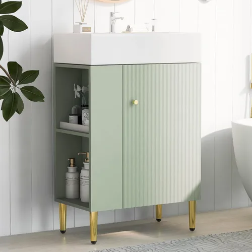 Vista 10 de LUMISOL Mueble de baño pequeño de 21.6 pulgadas con fregadero, tocador de baño estrecho con una puerta y almacenamiento lateral derecho, armario