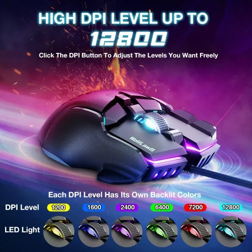 Vista 2 de WolfLawS Mouse para juegos con cable mouse USB para computadora y juegos con 12 modos retroiluminados RGB ajustable de alta precisión de 12800 DPI