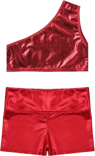 Vista 3 de Hansber Conjunto de 2 piezas de gimnasia para niñas y niñas, con un hombro descubierto, camiseta corta brillante y pantalones cortos atléticos
