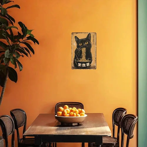 Vista 4 de Cartel de metal con diseño de gato japonés vintage, póster de gato negro comiendo ramen, retro divertido animal comida para amantes de los fideos